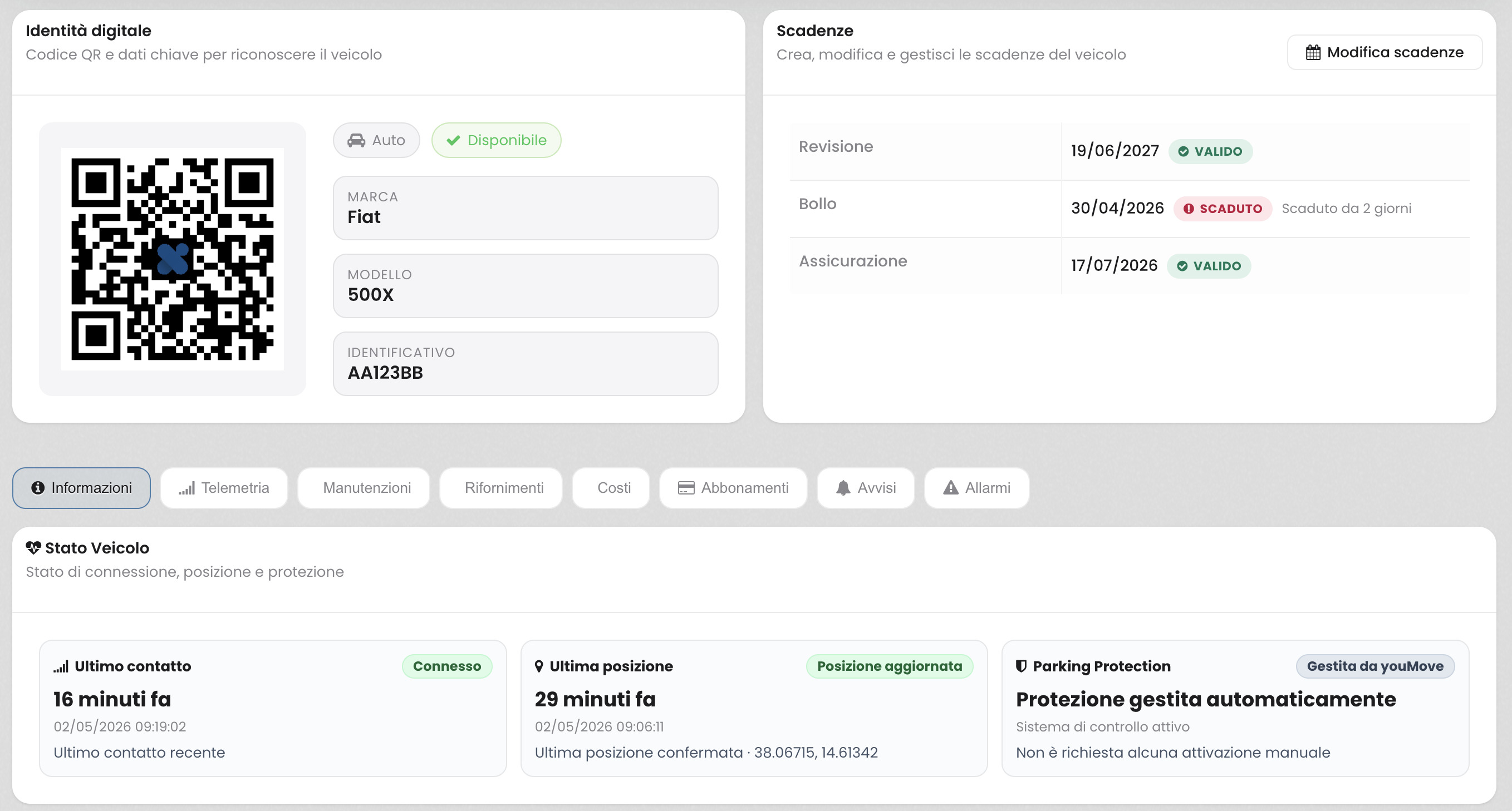 Costs tab in the vehicle profile with summaries, indicators and cost history