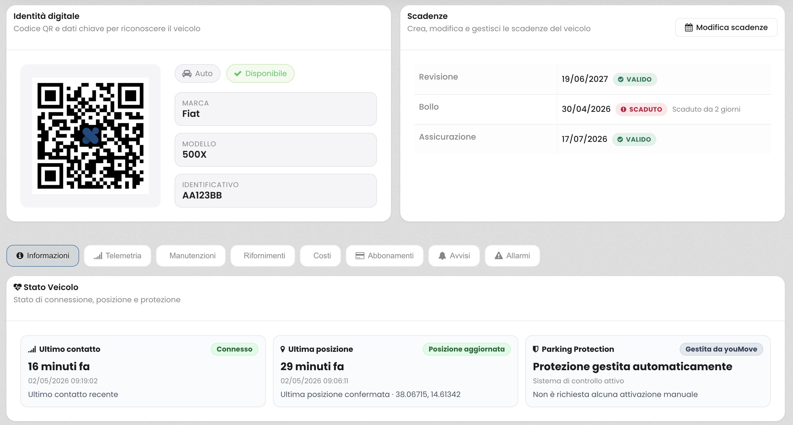 Costs tab in the vehicle profile with summaries, indicators and cost history